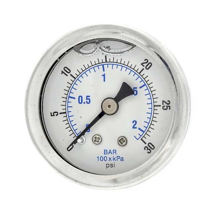 Pic Gauges Industrial Pressure Gauge, 0 to 30 psi, 1 1/2 in Dial, 1/8 in NPT, Center Back Location 202L-158C