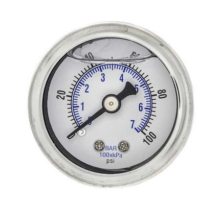 Pic Gauges Industrial Pressure Gauge, 0 to 100 psi, 1 1/2 in Dial, 1/8 in NPT, Center Back Location 202L-158E