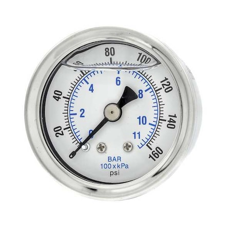 Pic Gauges Industrial Pressure Gauge, 0 to 160 psi, 1 1/2 in Dial, 1/8 in NPT, Center Back Location 202L-158F
