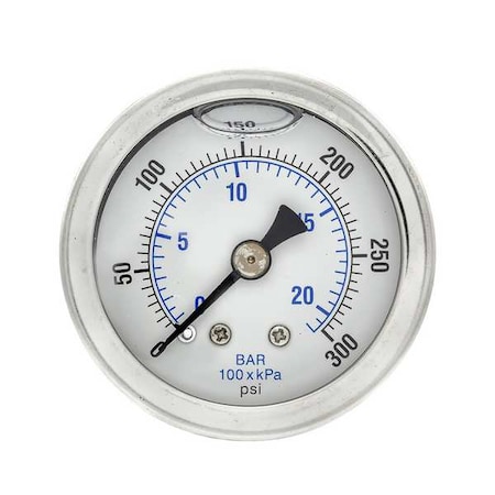 Pic Gauges Industrial Pressure Gauge, 0 to 300 psi, 1 1/2 in Dial, 1/8 in NPT, Center Back Location 202L-158H