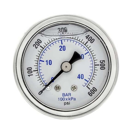 Pic Gauges Industrial Pressure Gauge, 0 to 600 psi, 1 1/2 in Dial, 1/8 in NPT, Center Back Location 202L-158K