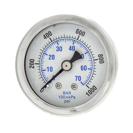 Industrial Pressure Gauge, 0 to 1,000 psi, 1 1/2 in Dial, 1/8 in NPT, Center Back Location