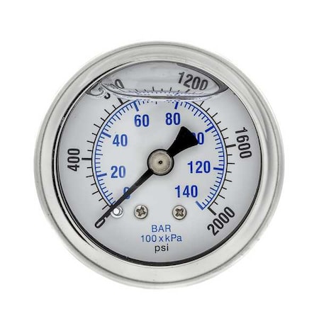 Industrial Pressure Gauge, 0 to 2,000 psi, 1 1/2 in Dial, 1/8 in NPT, Center Back Location