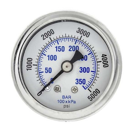 Pic Gauges Industrial Pressure Gauge, 0 to 5,000 psi, 1 1/2 in Dial, 1/8 in NPT, Center Back Location 202L-158R