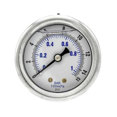 Pic Gauges Industrial Pressure Gauge, 0 to 15 psi, 2 in Dial, 1/4 in NPT, Center Back Location 202L-204B