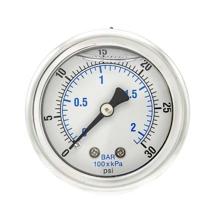 Pic Gauges Industrial Pressure Gauge, 0 to 30 psi, 2 in Dial, 1/4 in NPT, Center Back Location 202L-204C