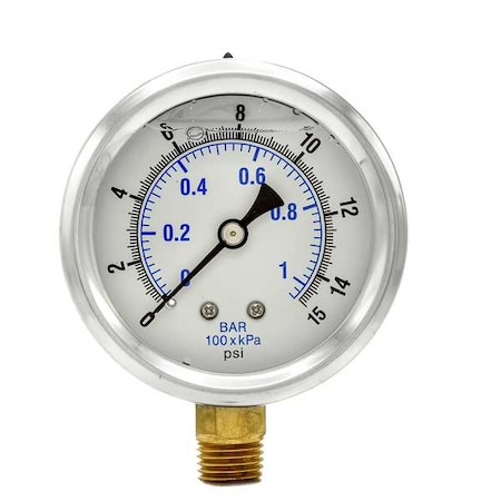Pic Gauges Industrial Pressure Gauge, 0 to 15 psi, 2 1/2 in Dial, 1/4 in NPT, Bottom Location PRO-201L-254B
