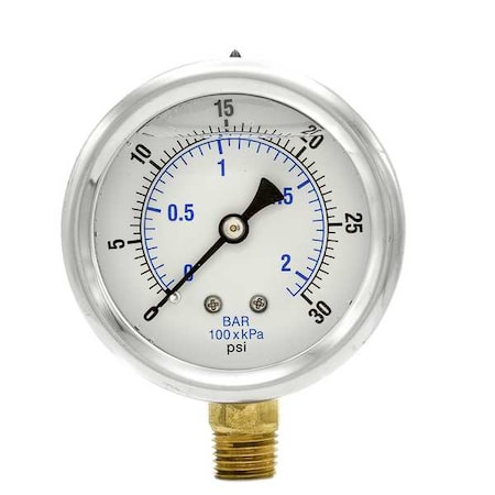 PIC GAUGES Pressure Gauge, 0 to 30 psi, 1/4 in MNPT, Stainless Steel, Silver PRO-201L-254C