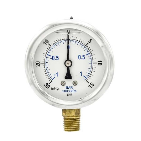 Pic Gauges Industrial Compound Gauge, 30 to 0 to 15 psi, 2 1/2 in Dial, 1/4 in NPT, Bottom Location PRO-201L-254CB