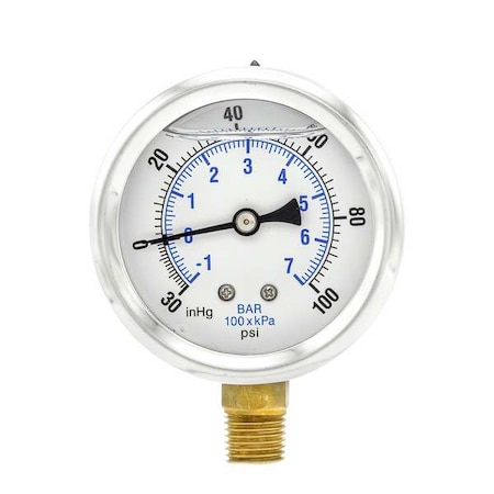 Pic Gauges Industrial Compound Gauge, 30 to 0 to 100 psi, 2 1/2 in Dial, 1/4 in NPT, Bottom Location PRO-201L-254CE