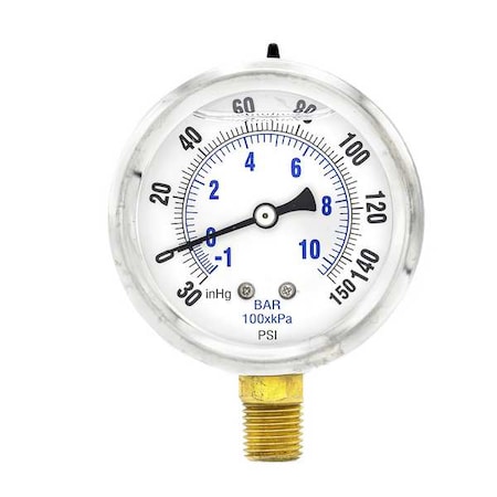 Pic Gauges Industrial Compound Gauge, 30 to 0 to 150 psi, 2 1/2 in Dial, 1/4 in NPT, Bottom Location PRO-201L-254CF