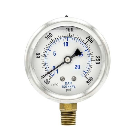 Pic Gauges Industrial Compound Gauge, 30 to 0 to 300 psi, 2 1/2 in Dial, 1/4 in NPT, Bottom Location PRO-201L-254CH