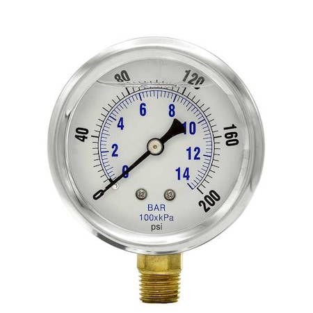 Pic Gauges Industrial Pressure Gauge, 0 to 200 psi, 2 1/2 in Dial, 1/4 in NPT, Bottom Location PRO-201L-254G