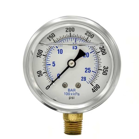 Pic Gauges Industrial Pressure Gauge, 0 to 400 psi, 2 1/2 in Dial, 1/4 in NPT, Bottom Location PRO-201L-254I
