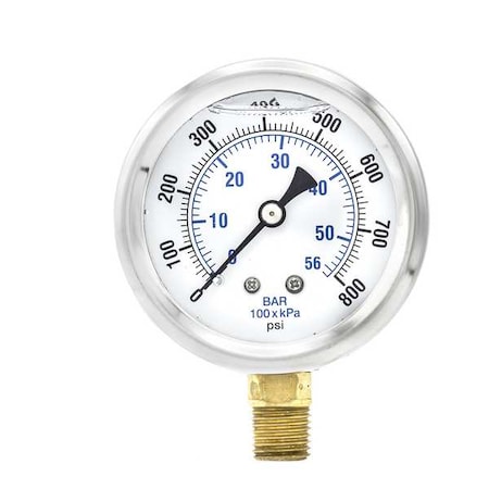 Pic Gauges Industrial Pressure Gauge, 0 to 800 psi, 2 1/2 in Dial, 1/4 in NPT, Bottom Location PRO-201L-254L