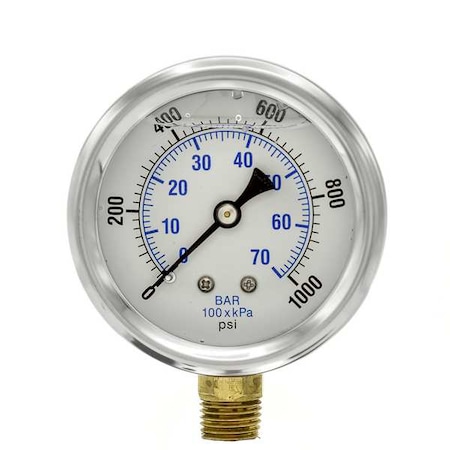 Pic Gauges Industrial Pressure Gauge, 0 to 1,000 psi, 2 1/2 in Dial, 1/4 in NPT, Bottom Location PRO-201L-254M