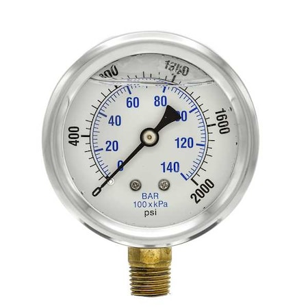 Pic Gauges Industrial Pressure Gauge, 0 to 2,000 psi, 2 1/2 in Dial, 1/4 in NPT, Bottom Location PRO-201L-254O