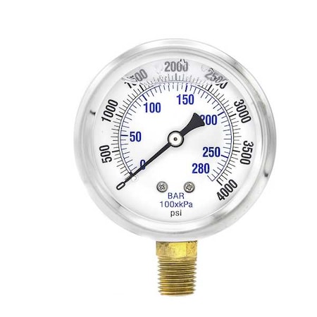 Pic Gauges Industrial Pressure Gauge, 0 to 4,000 psi, 2 1/2 in Dial, 1/4 in NPT, Bottom Location PRO-201L-254Q