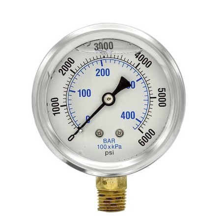 Pic Gauges Industrial Pressure Gauge, 0 to 6,000 psi, 2 1/2 in Dial, 1/4 in NPT, Bottom Location PRO-201L-254S