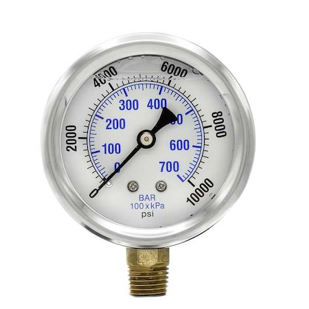 Pic Gauges Industrial Pressure Gauge, 0 to 10,000 psi, 2 1/2 in Dial, 1/4 in NPT, Bottom Location PRO-201L-254U