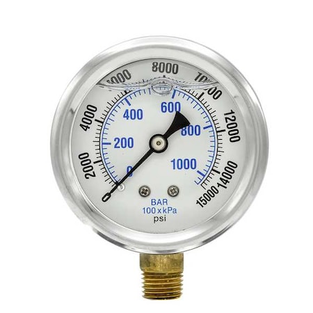 Pic Gauges Industrial Pressure Gauge, 0 to 15,000 psi, 2 1/2 in Dial, 1/4 in NPT, Bottom Location PRO-201L-254V