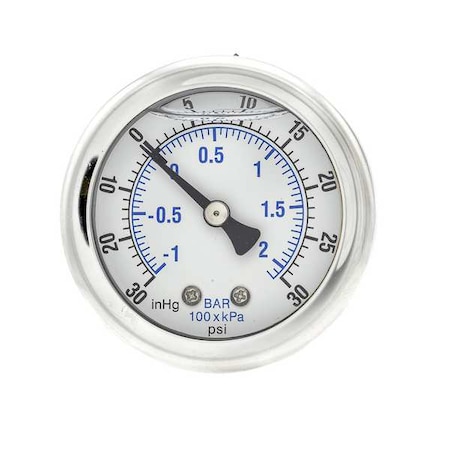 Pic Gauges Industrial Compound Gauge, 30 to 0 to 30 psi, 2 in Dial, 1/4 in NPT, Center Back Location 202L-204CC