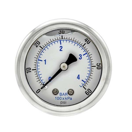 Industrial Pressure Gauge, 0 to 60 psi, 2 in Dial, 1/4 in NPT, Center Back Location