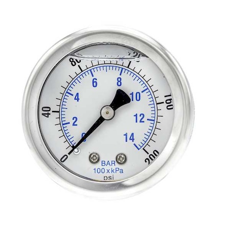 Pic Gauges Industrial Pressure Gauge, 0 to 200 psi, 2 in Dial, 1/4 in NPT, Center Back Location 202L-204G