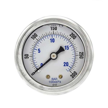 Pic Gauges Industrial Pressure Gauge, 0 to 300 psi, 2 in Dial, 1/4 in NPT, Center Back Location 202L-204H