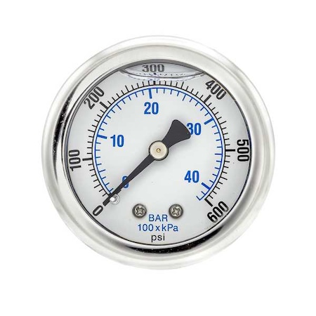 Industrial Pressure Gauge, 0 to 600 psi, 2 in Dial, 1/4 in NPT, Center Back Location