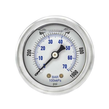 Industrial Pressure Gauge, 0 to 1,000 psi, 2 in Dial, 1/4 in NPT, Center Back Location