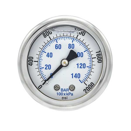 Industrial Pressure Gauge, 0 to 2,000 psi, 2 in Dial, 1/4 in NPT, Center Back Location