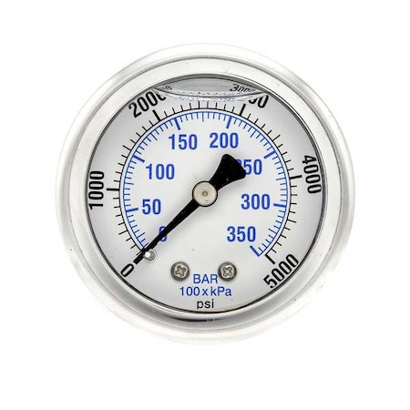 Pic Gauges Industrial Pressure Gauge, 0 to 5,000 psi, 2 in Dial, 1/4 in NPT, Center Back Location 202L-204R