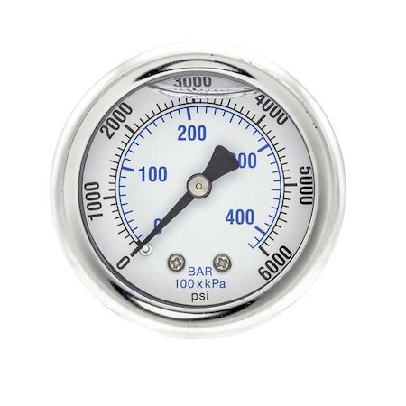 Pic Gauges Industrial Pressure Gauge, 0 to 6,000 psi, 2 in Dial, 1/4 in NPT, Center Back Location 202L-204S