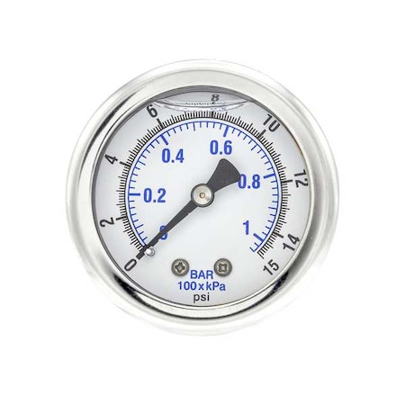 Pic Gauges Industrial Pressure Gauge, 0 to 15 psi, 2 in Dial, 1/8 in NPT, Center Back Location 202L-208B