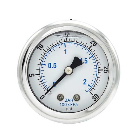 Pic Gauges Industrial Pressure Gauge, 0 to 30 psi, 2 in Dial, 1/8 in NPT, Center Back Location 202L-208C