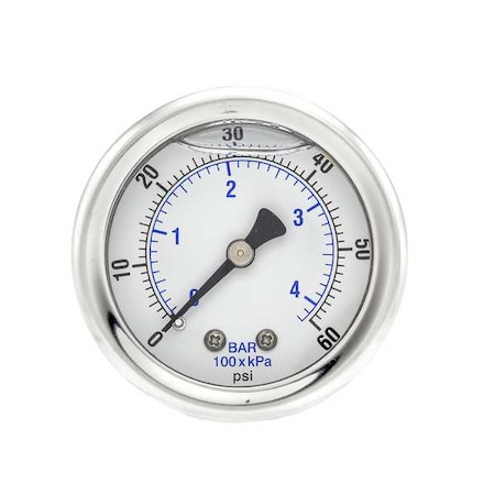 Pic Gauges Industrial Pressure Gauge, 0 to 60 psi, 2 in Dial, 1/8 in NPT, Center Back Location 202L-208D