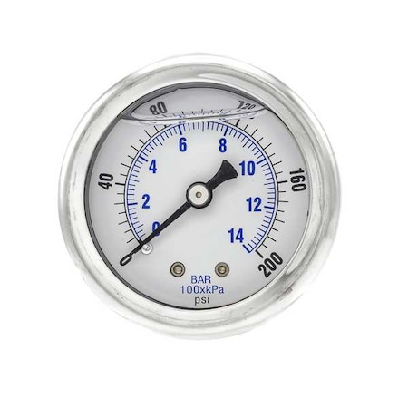 Pic Gauges Industrial Pressure Gauge, 0 to 200 psi, 2 in Dial, 1/8 in NPT, Center Back Location 202L-208G