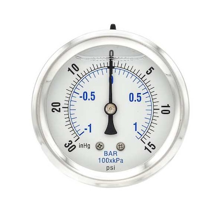 Pic Gauges Industrial Compound Gauge, 30 to 0 to 15 psi, 2 1/2 in Dial, 1/4 in NPT, Center Back Location PRO-202L-254CB