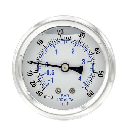 Pic Gauges Industrial Compound Gauge, 30 to 0 to 60 psi, 2 1/2 in Dial, 1/4 in NPT, Center Back Location PRO-202L-254CD