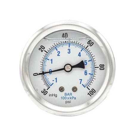 Pic Gauges Industrial Compound Gauge, 30 to 0 to 100 psi, 2 1/2 in Dial, 1/4 in NPT, Center Back Location PRO-202L-254CE