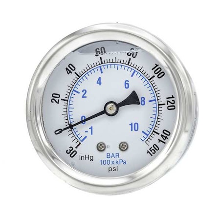 Pic Gauges Industrial Compound Gauge, 30 to 0 to 150 psi, 2 1/2 in Dial, 1/4 in NPT, Center Back Location PRO-202L-254CF