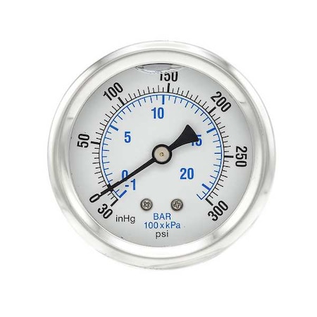 Pic Gauges Industrial Compound Gauge, 30 to 0 to 300 psi, 2 1/2 in Dial, 1/4 in NPT, Center Back Location PRO-202L-254CH