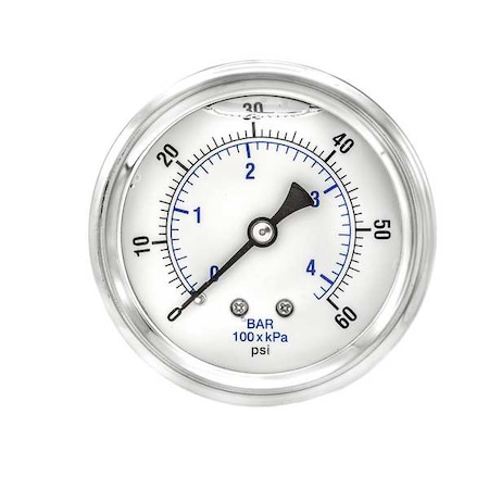 Pic Gauges Industrial Pressure Gauge, 0 to 60 psi, 2 1/2 in Dial, 1/4 in NPT, Center Back Location PRO-202L-254D