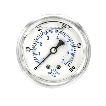 Pic Gauges Industrial Pressure Gauge, 0 to 100 psi, 2 1/2 in Dial, 1/4 in NPT, Center Back Location PRO-202L-254E