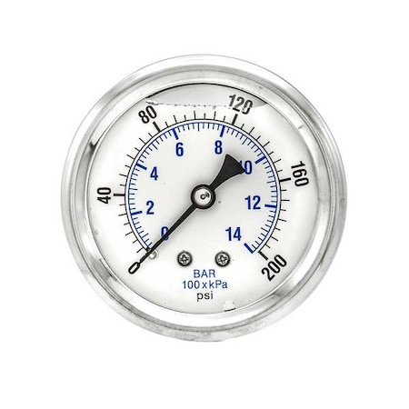 Pic Gauges Industrial Pressure Gauge, 0 to 200 psi, 2 1/2 in Dial, 1/4 in NPT, Center Back Location PRO-202L-254G
