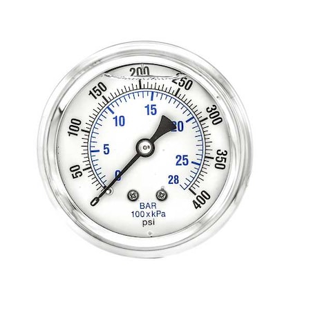 Pic Gauges Industrial Pressure Gauge, 0 to 400 psi, 2 1/2 in Dial, 1/4 in NPT, Center Back Location PRO-202L-254I