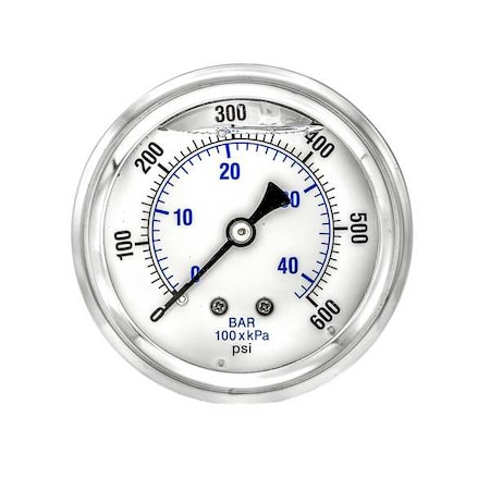 Pic Gauges Industrial Pressure Gauge, 0 to 600 psi, 2 1/2 in Dial, 1/4 in NPT, Center Back Location PRO-202L-254K