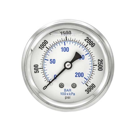 Pic Gauges Industrial Pressure Gauge, 0 to 3,000 psi, 2 1/2 in Dial, 1/4 in NPT, Center Back Location PRO-202L-254P