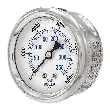 Pic Gauges Industrial Pressure Gauge, 0 to 5,000 psi, 2 1/2 in Dial, 1/4 in NPT, Center Back Location PRO-202L-254R